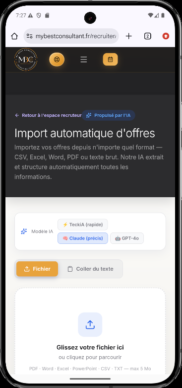 Écran d'import automatique d'offres : dépôt d'un fichier ou collage de texte